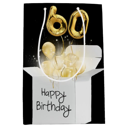 金ゴールド60番目の誕生日バルーン(ボックス) ミディアムペーパーバッグ (正面)
