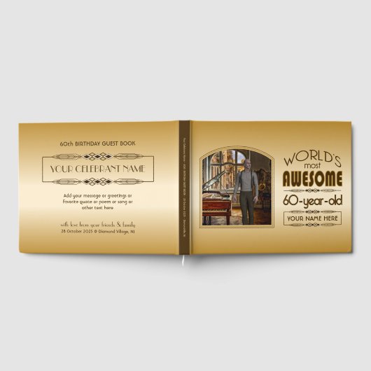 金ゴールド60誕生日ワールド最高ののカスタムフォトフレーム ゲストブック (全面)