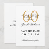 金ゴールド60th Birthday Party日付を保存 招待状 (正面/裏面)
