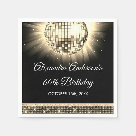 金ゴールド60th Birthday Party 70's Disco Ball スタンダードカクテルナプキン (正面)