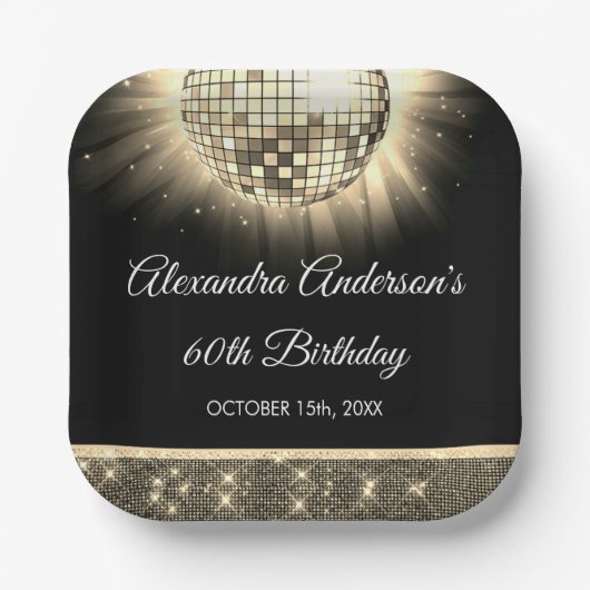 金ゴールド60th Birthday Party 70's Disco Ball ペーパープレート (正面)
