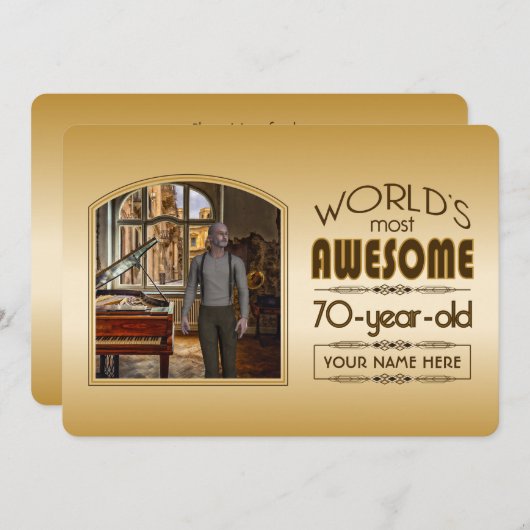 金ゴールド70誕生日ワールド最高ののカスタムフォトフレーム 招待状 (正面/裏面)