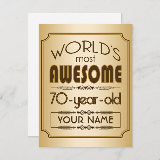 金ゴールド70誕生祝いワールドファブラス インビテーションポストカード (正面/裏面)