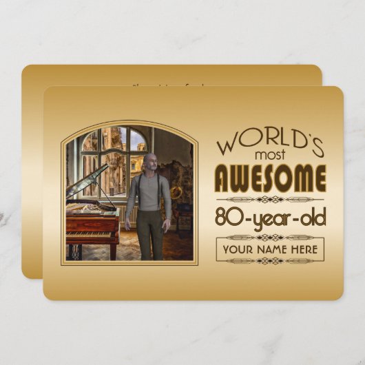 金ゴールド80誕生日ワールド最高ののカスタムフォトフレーム 招待状 (正面/裏面)