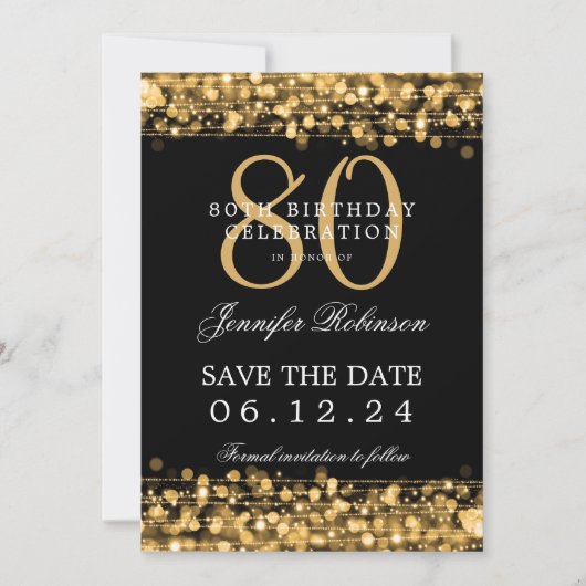 金ゴールド80誕生日日付の保存 招待状 (正面)