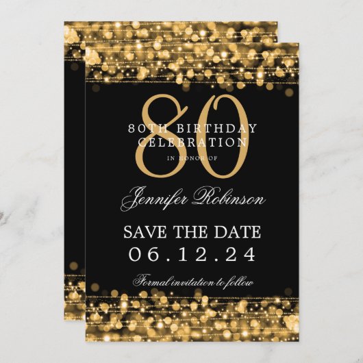 金ゴールド80誕生日日付の保存 招待状 (正面/裏面)