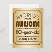 金ゴールド80誕生祝いワールドファブラス インビテーションポストカード (正面/裏面)