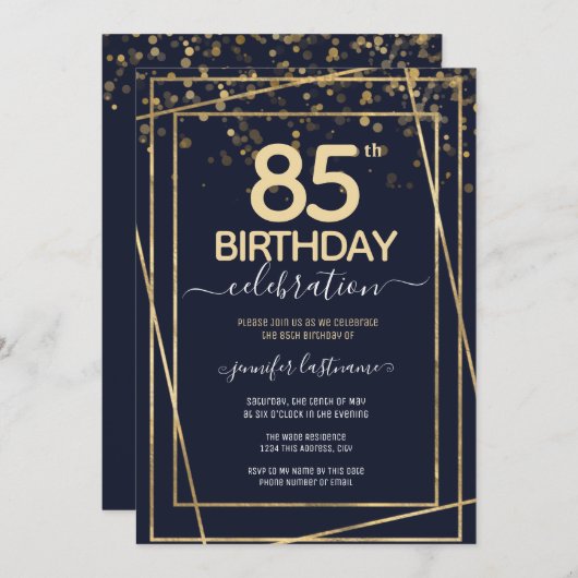 金ゴールド85thバースデーパーティーブルー金ゴールド招待状 招待状 (正面/裏面)