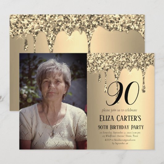 金ゴールド90位九十ドリップエレガント誕生日 招待状 (正面/裏面)