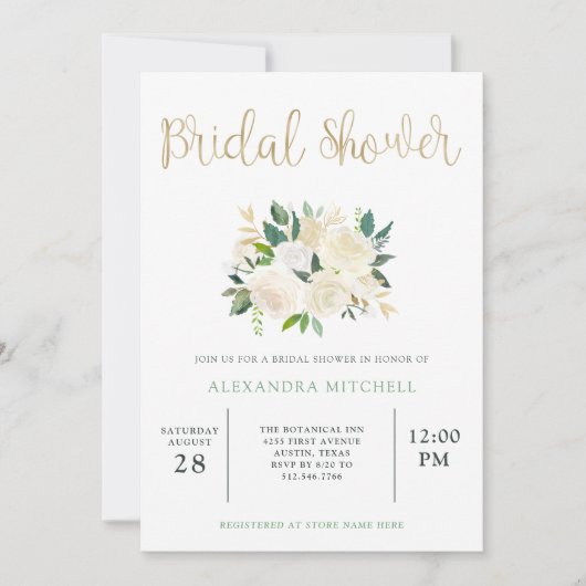 金ゴールド|のブライダルシャワーのアイボリーの水彩画の花柄 招待状 (正面)