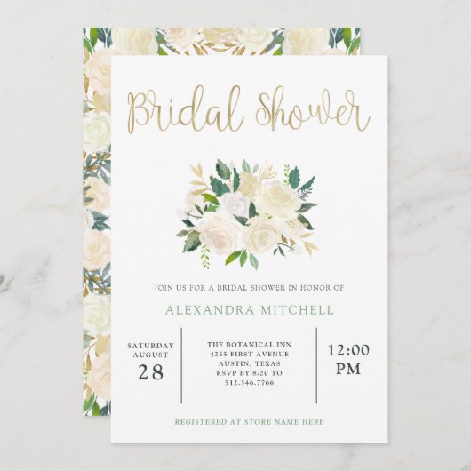 金ゴールド|のブライダルシャワーのアイボリーの水彩画の花柄 招待状 (正面/裏面)