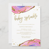 金ゴールド|のベビーとのピンクおよび青いGeodeは振りかけます 招待状 (正面)
