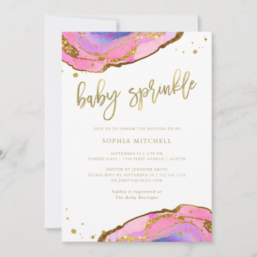 金ゴールド|のベビーとのピンクおよび青いGeodeは振りかけます 招待状 (正面)