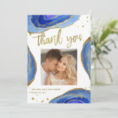 金ゴールド|の結婚の写真との水彩画青いGeode サンキューカード (スタンド正面)