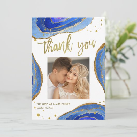 金ゴールド|の結婚の写真との水彩画青いGeode サンキューカード (スタンド正面)