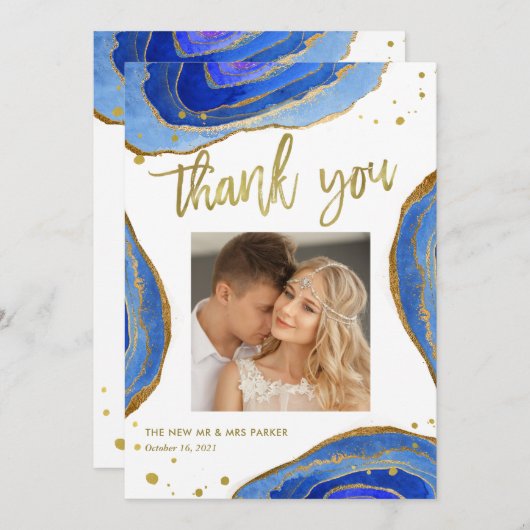 金ゴールド|の結婚の写真との水彩画青いGeode サンキューカード (正面/裏面)