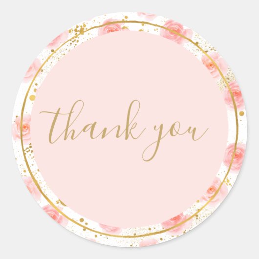 金ゴールド（ばちゃばちゃ）跳ねるピンクローズウォーターカラーサンキュー ラウンドシール (正面)