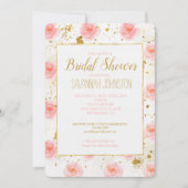 金ゴールド(ばちゃばちゃ)跳ねるピンクローズウォーターカラーブライダルシャワー 招待状 (正面)