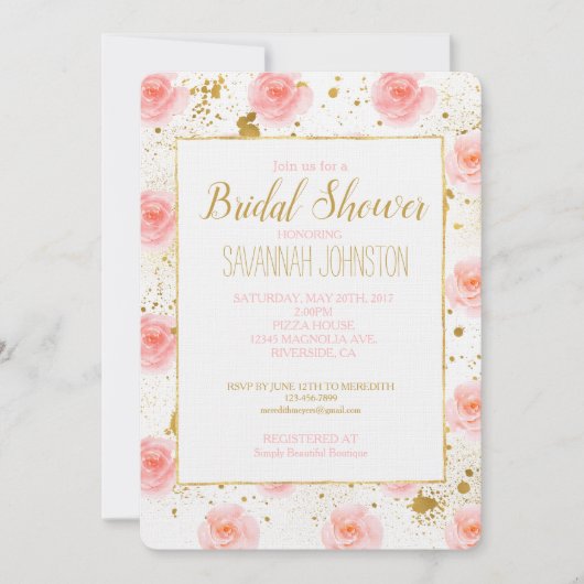 金ゴールド（ばちゃばちゃ）跳ねるピンクローズウォーターカラーブライダルシャワー 招待状 (正面)