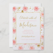 金ゴールド（ばちゃばちゃ）跳ねるピンクローズウォーターカラー誕生日 招待状 (正面)