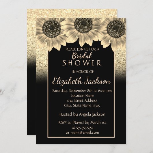 金ゴールド、ひまわり、グリッターブライダルシャワー 招待状 (正面/裏面)