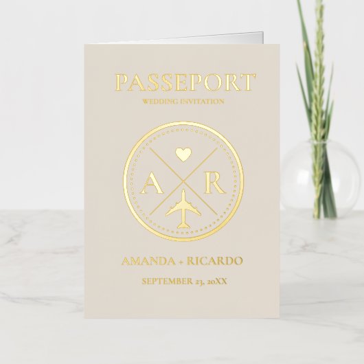 金ゴールド&アイボリーパスポート結婚式招待状 箔グリーティングカード (正面)