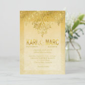 金ゴールド&アンティークアイボリーギャツビーグリッターフローリッシュ 招待状 (スタンド正面)