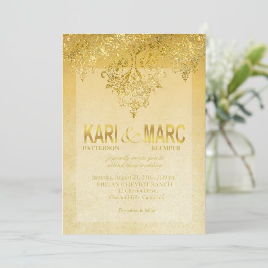 金ゴールド&アンティークアイボリーギャツビーグリッターフローリッシュ 招待状 (スタンド正面)