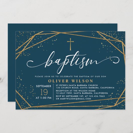 金ゴールド·アンド·ネービー·ボーイ·バプテエレガントィスマ招待状 招待状 (正面/裏面)