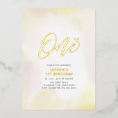 金ゴールド&イエローハート1歳の誕生日パーティー 箔招待状 (正面)