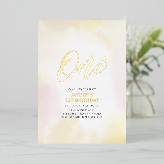 金ゴールド&イエローハート1歳の誕生日パーティー 箔招待状 (立ち正面)