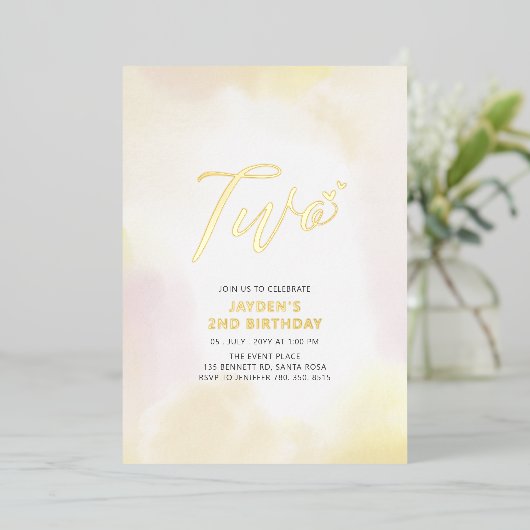 金ゴールド&イエローハート2歳の誕生日パーティー 箔招待状 (立ち正面)