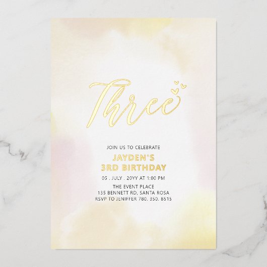 金ゴールド&イエローハート3歳の誕生日パーティー 箔招待状 (正面)