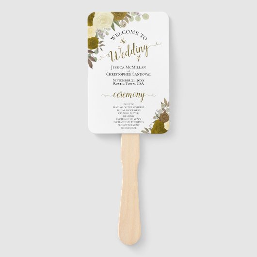 金ゴールド&イエローフローラエレガントな結婚式プログラム ハンドファン (正面)