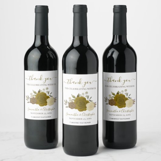 金ゴールド&イエローローズエレガントな結婚式ありがとう ワインラベル (ボトル)