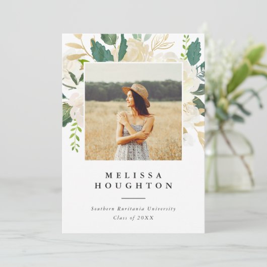 金ゴールド&ウォーターカラーフラワーズフォト卒業パーティー 招待状 (スタンド正面)