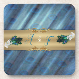 金ゴールド、エメラルドグリーンシルクの孔雀の羽 コースター