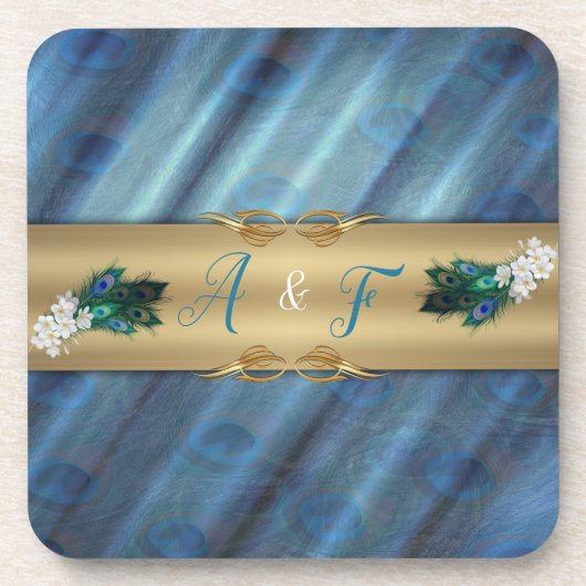 金ゴールド、エメラルドグリーンシルクの孔雀の羽 コースター (正面)