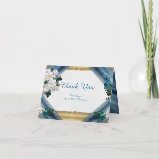 金ゴールド、エメラルドグリーンシルクの孔雀の羽 サンキューカード (正面)