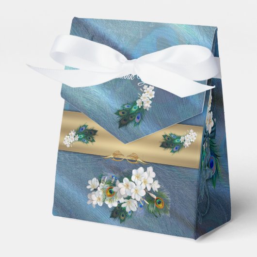 金ゴールド、エメラルドグリーンシルクの孔雀の羽 フェイバーボックス (正面サイド)