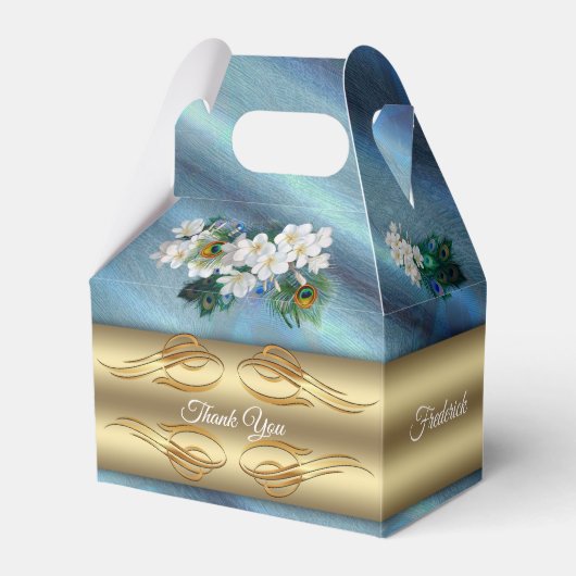 金ゴールド、エメラルドグリーンシルクの孔雀の羽 フェイバーボックス (正面サイド)