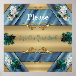 金ゴールド、エメラルドグリーンシルクの孔雀の羽 ポスター