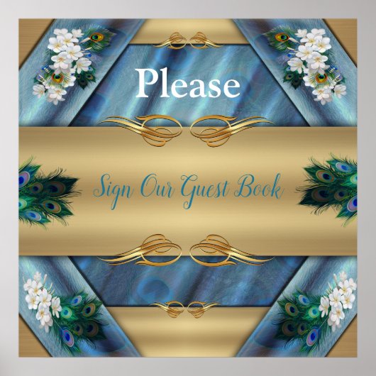 金ゴールド、エメラルドグリーンシルクの孔雀の羽 ポスター (正面)