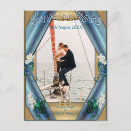 金ゴールド、エメラルドグリーンシルクの孔雀の羽 案内ポストカード