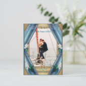 金ゴールド、エメラルドグリーンシルクの孔雀の羽 案内ポストカード (スタンド正面)