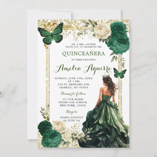 金ゴールド&エメラルドグリーン王室のプリンセスキンセアニラ 招待状 (正面)