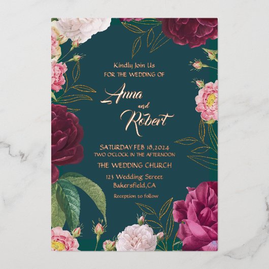 金ゴールド&エメラルドグリーン結婚フローラ 箔招待状 (正面)