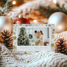 金ゴールド&エレガントシルバースノーフレークホリデーカード