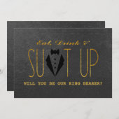 金ゴールド&エレガントブラックは私のリングや輪ベアラーになる 招待状 (正面/裏面)