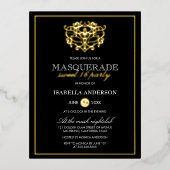 金ゴールド&エレガントブラックマスカレードスウィート16パーティー 箔招待状ポストカード (正面)